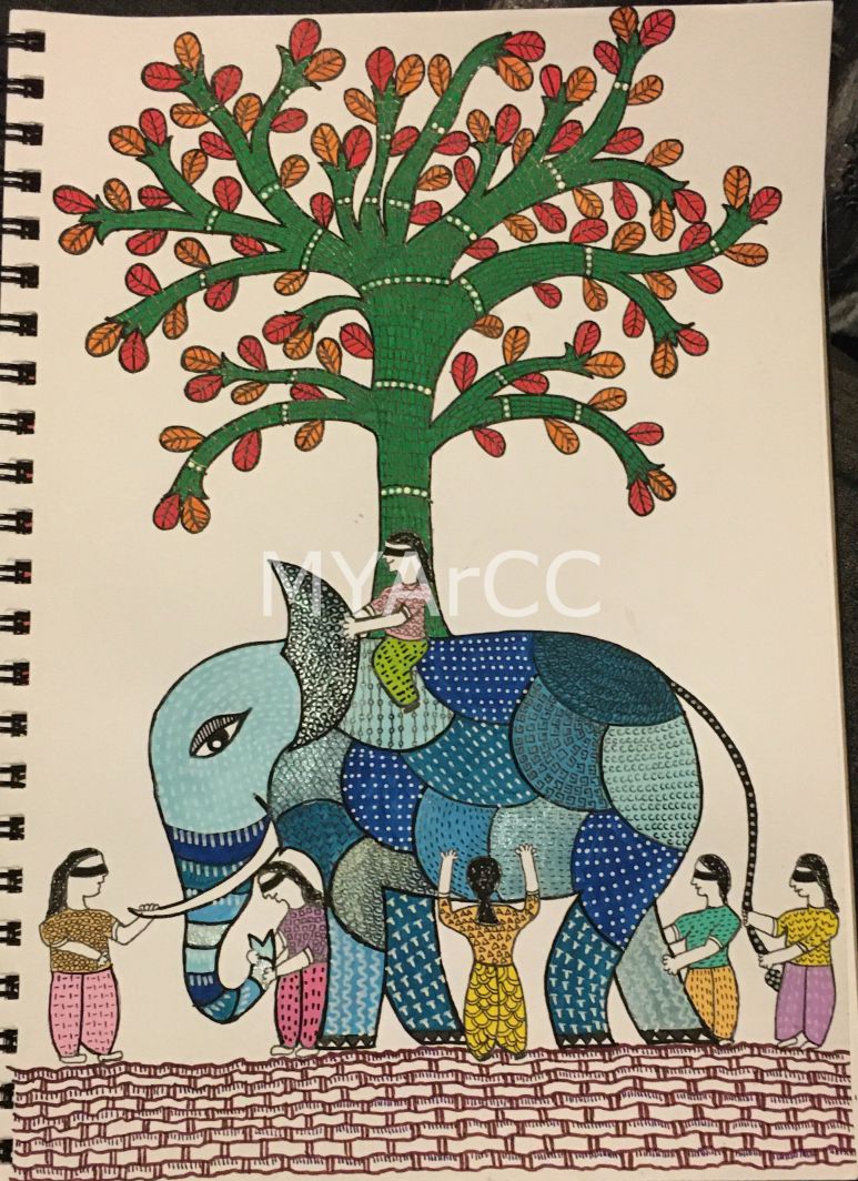 Gond Art Elephant & 6Blind Men